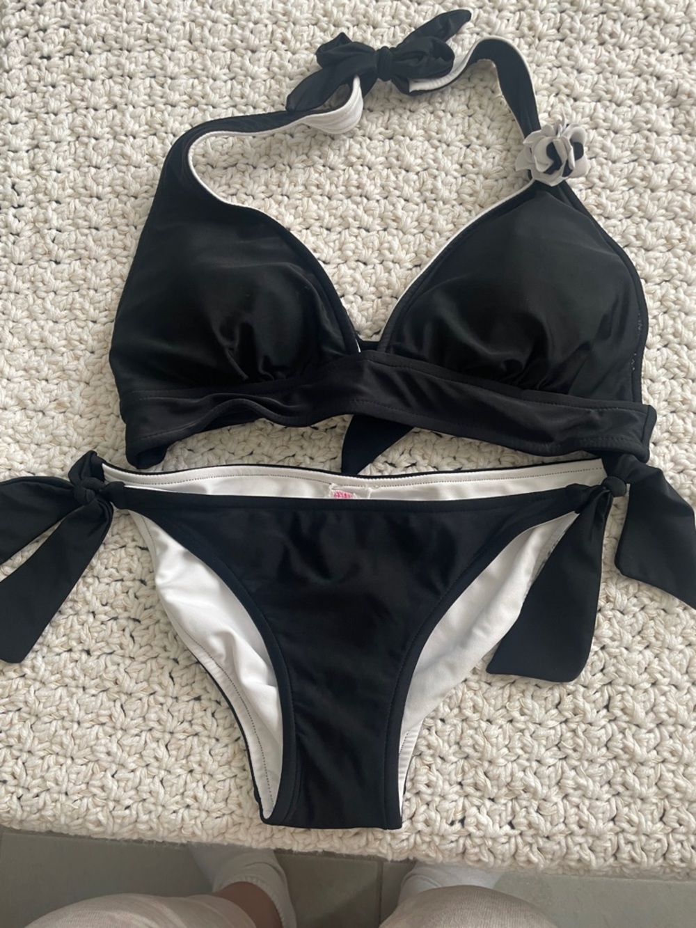 Xhilaration Black with White Trim Tie-Side Halter Bikini